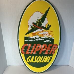Clipper Gasoline 2-Sided Porcelain Sign 24"x14" Vintage Gas Oil Aviation Plane